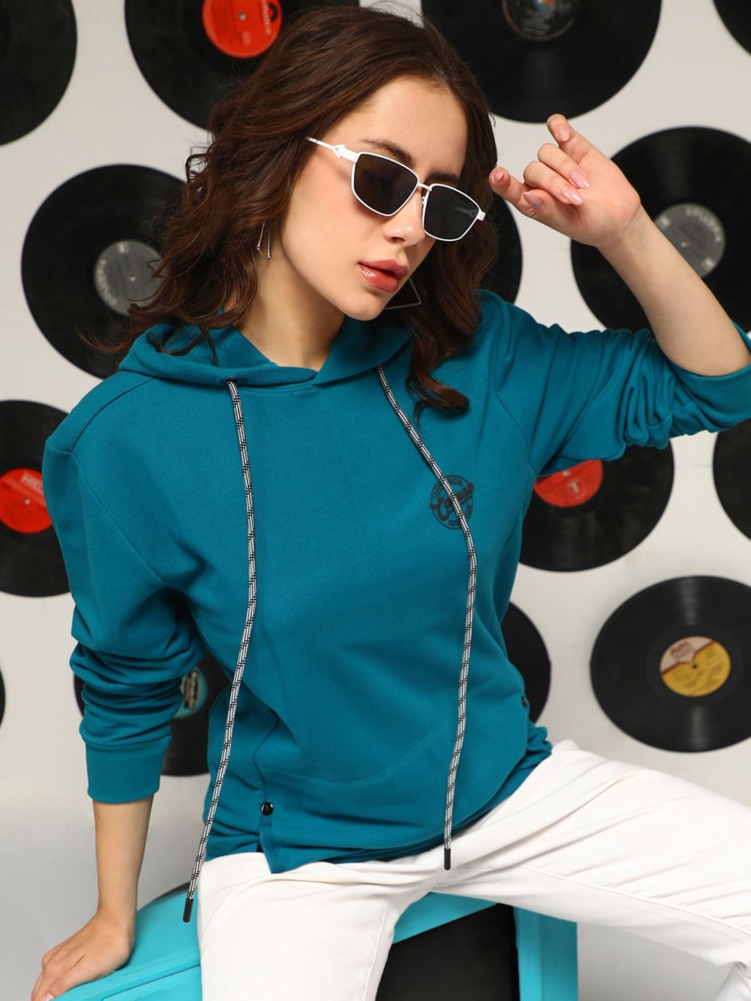 

Campus Sutra Women Hooded Cotton Sweatshirt, Teal