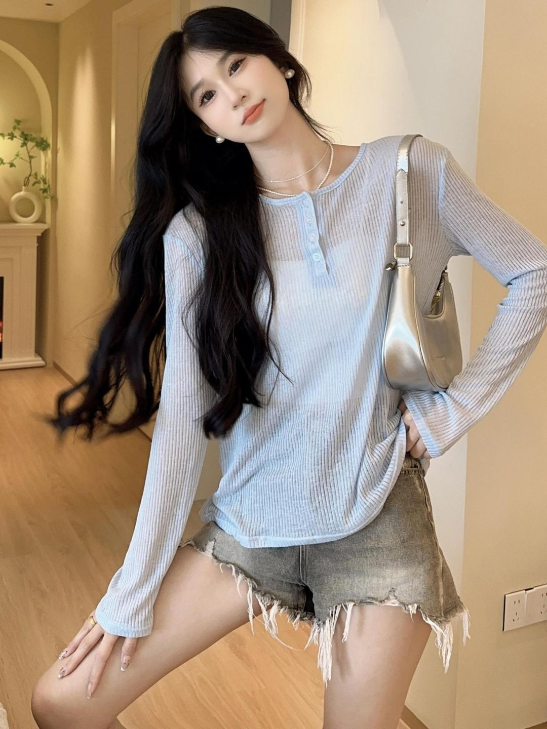 

KPOP Women Striped Boat Neck Long Sleeves Top, Blue