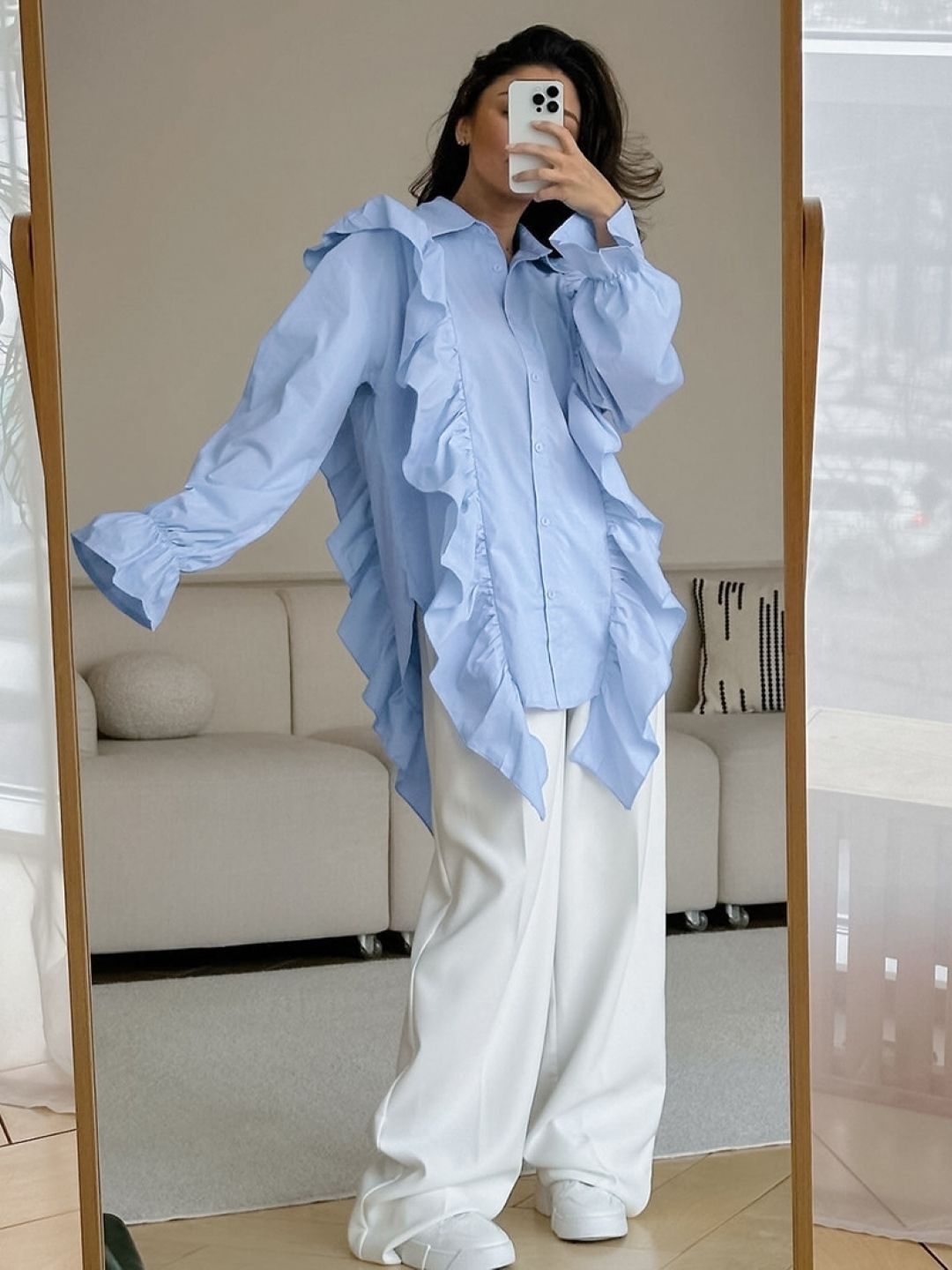 

StyleCast Women Shirt Collar Bell Sleeve Longline Top, Blue