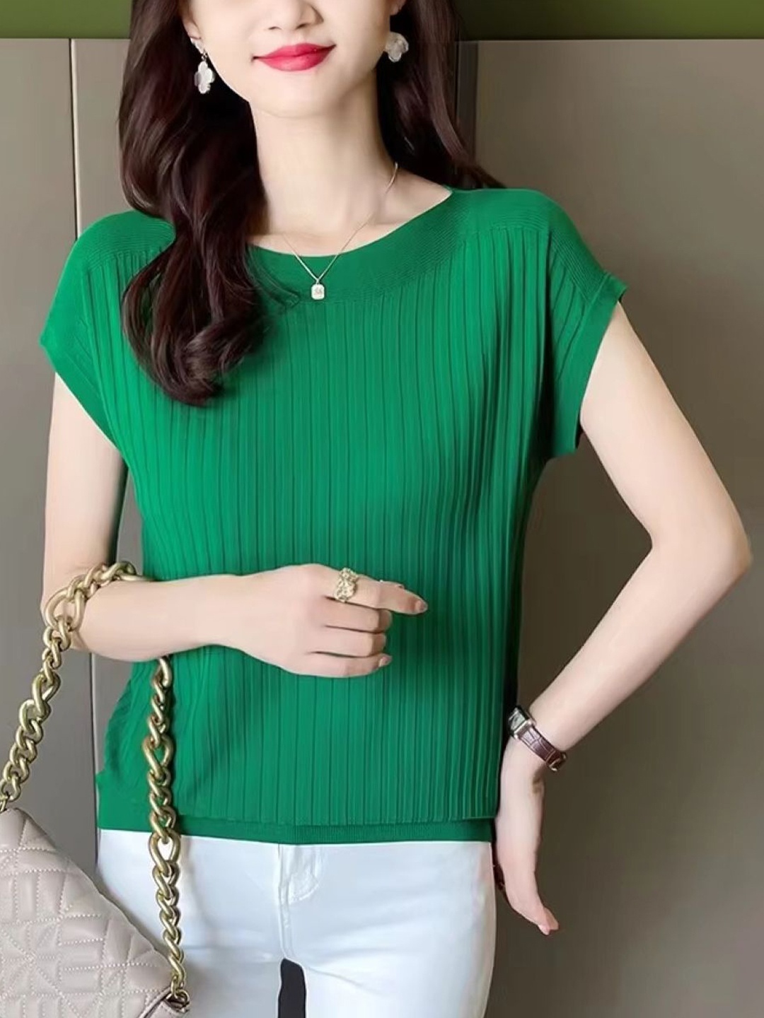 

KPOP Boat Neck Short Sleeves Top, Green