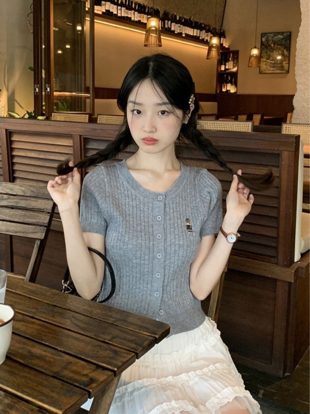 

KPOP Women Short Sleeves Regular Top, Grey