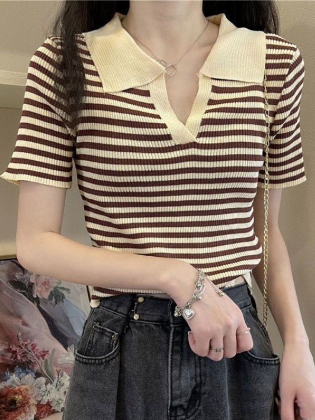 

HERE&NOW Women Striped Shirt Collar Short Sleeves Top, Brown