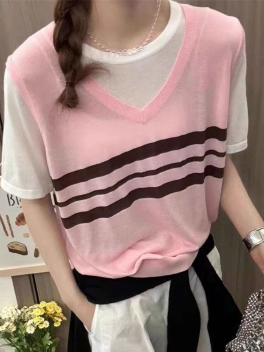 

KPOP Women Pure Cotton Striped Top, Pink