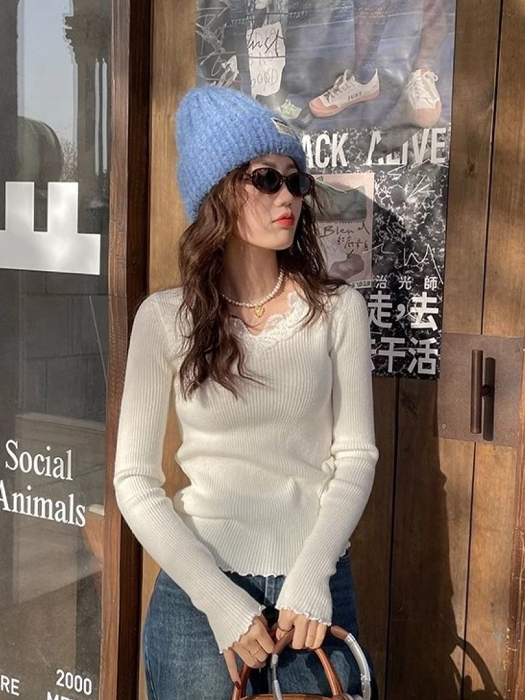 

KPOP Cotton V-Neck Long Sleeves Top, White