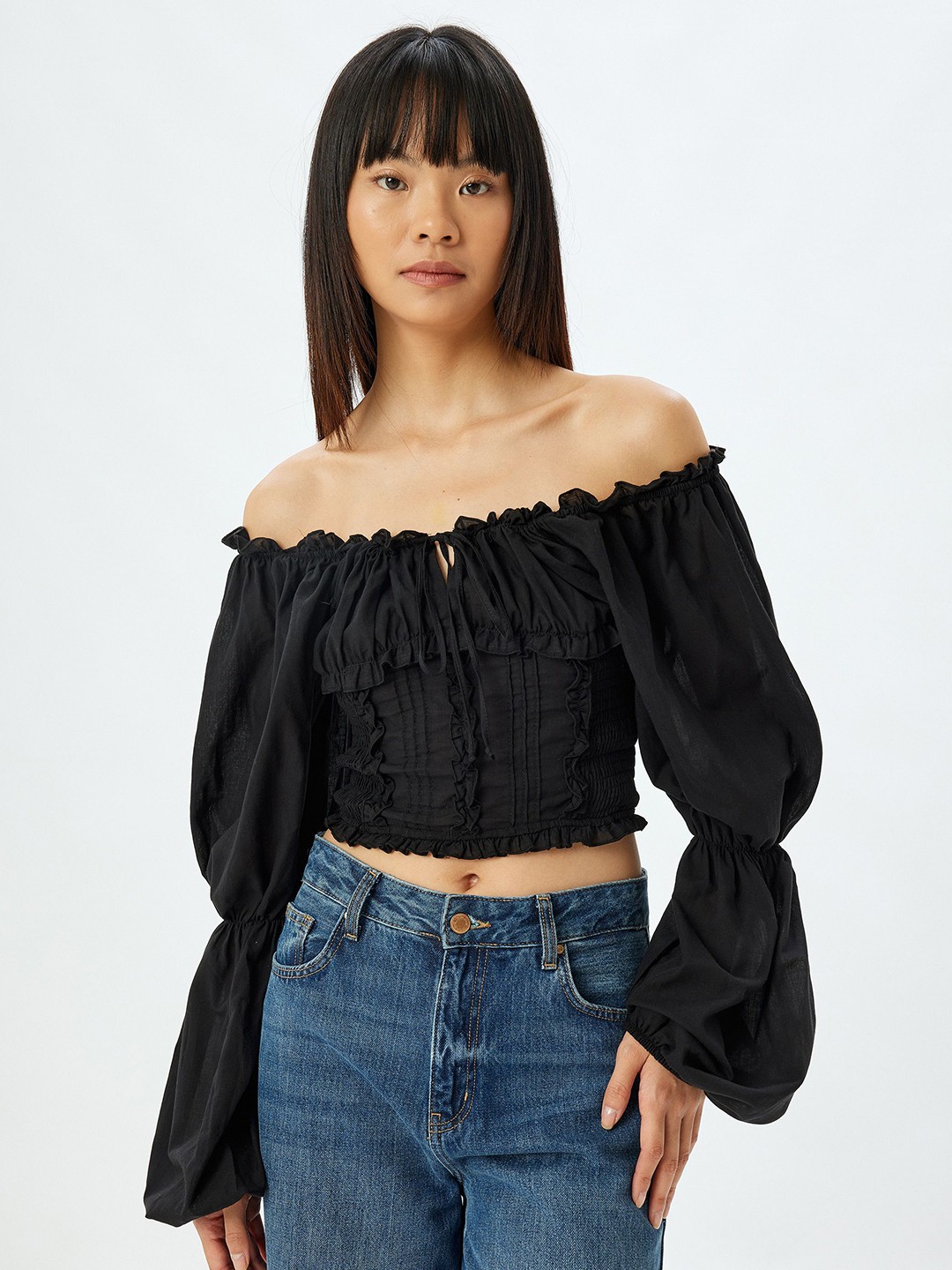 

Koton Women Self Design Off-Shoulder Bell Sleeve Cotton Bardot Crop Top, Black