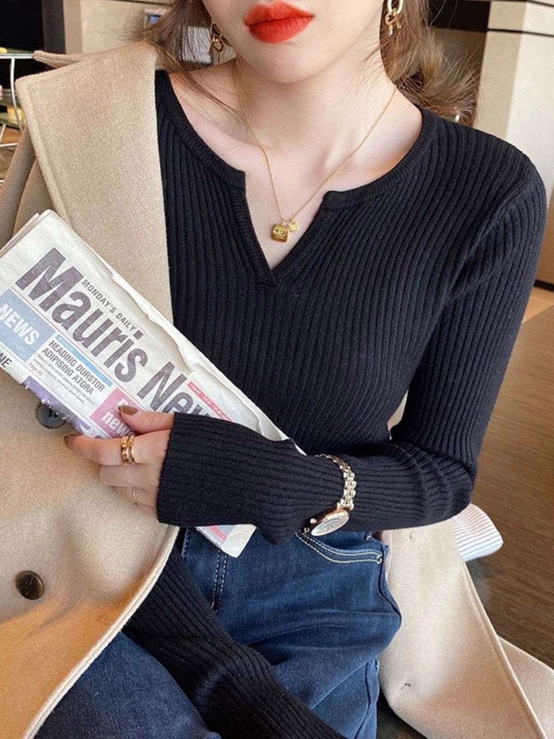 

HERE&NOW Women V - Neck Extended Sleeves Top, Black