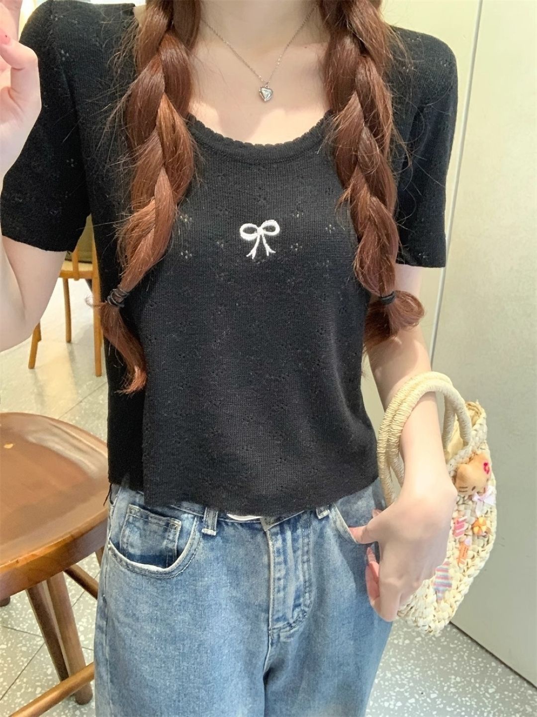 

KPOP Women Scoop Neck Short Sleeves Top, Grey