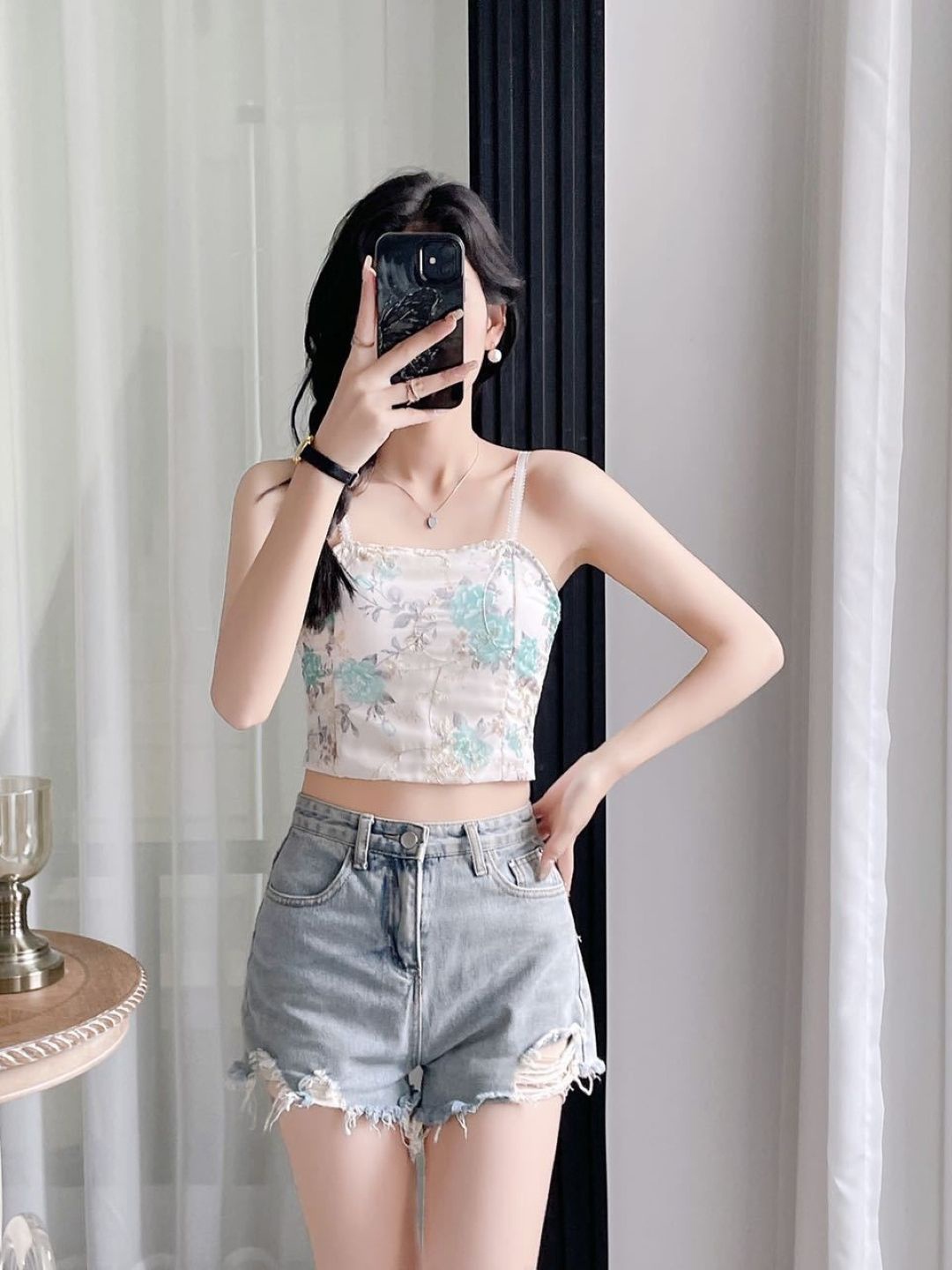 

KPOP Women Floral Printed Crop Top, Blue