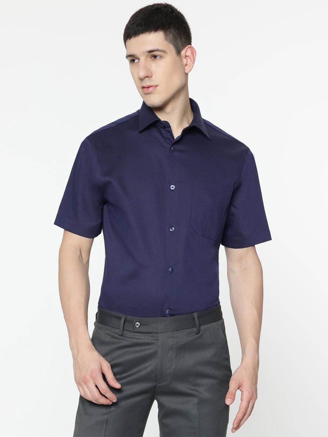 

Marks & Spencer Men Spread Collar Solid Cotton Formal Shirt, Navy blue