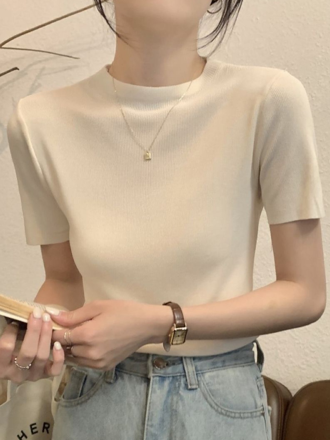 

HERE&NOW Women Solid Round Neck Short Sleeves Top, White
