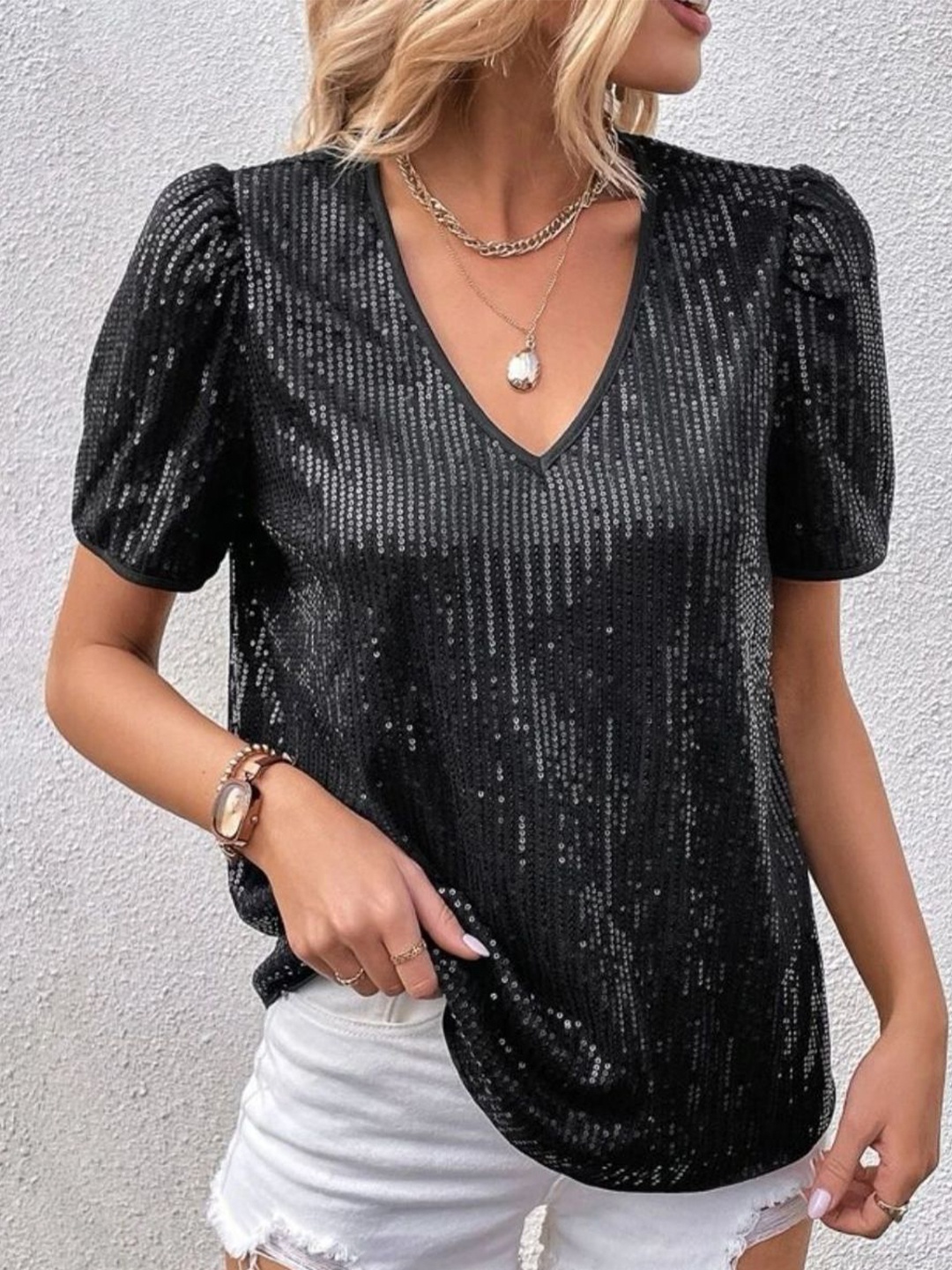 

StyleCast Women Embellished V-Neck Puff Sleeves Top, Black