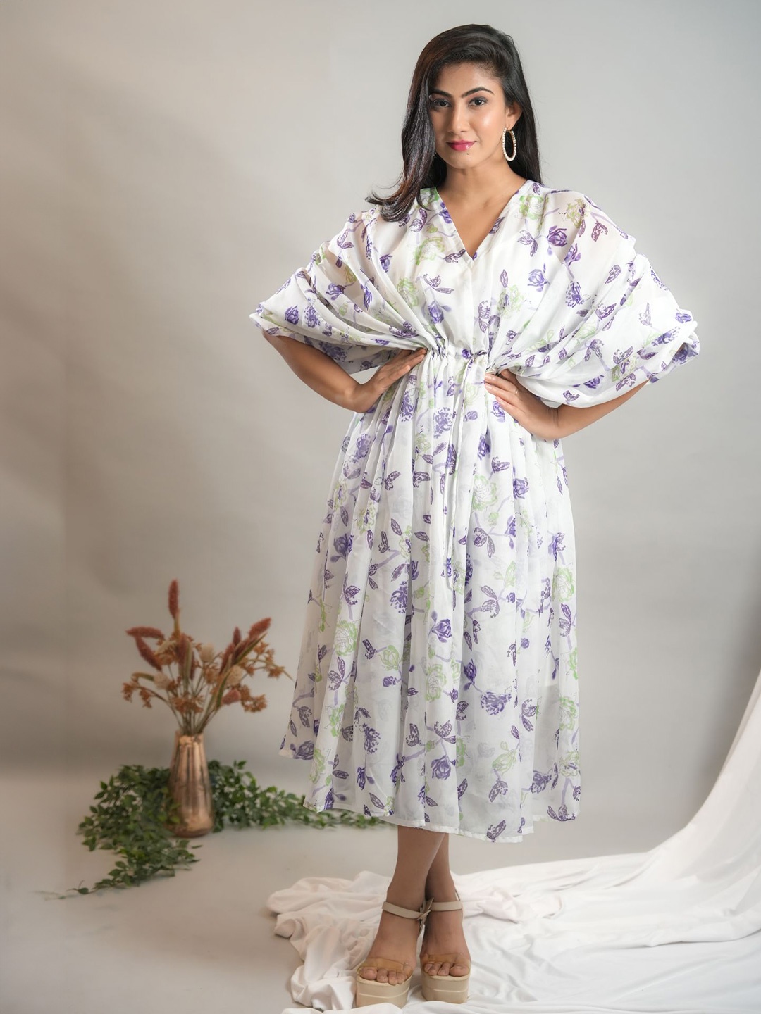 

GO BOUJEE Women Floral Printed Kimono Sleeves Kaftan Midi Dress, Purple