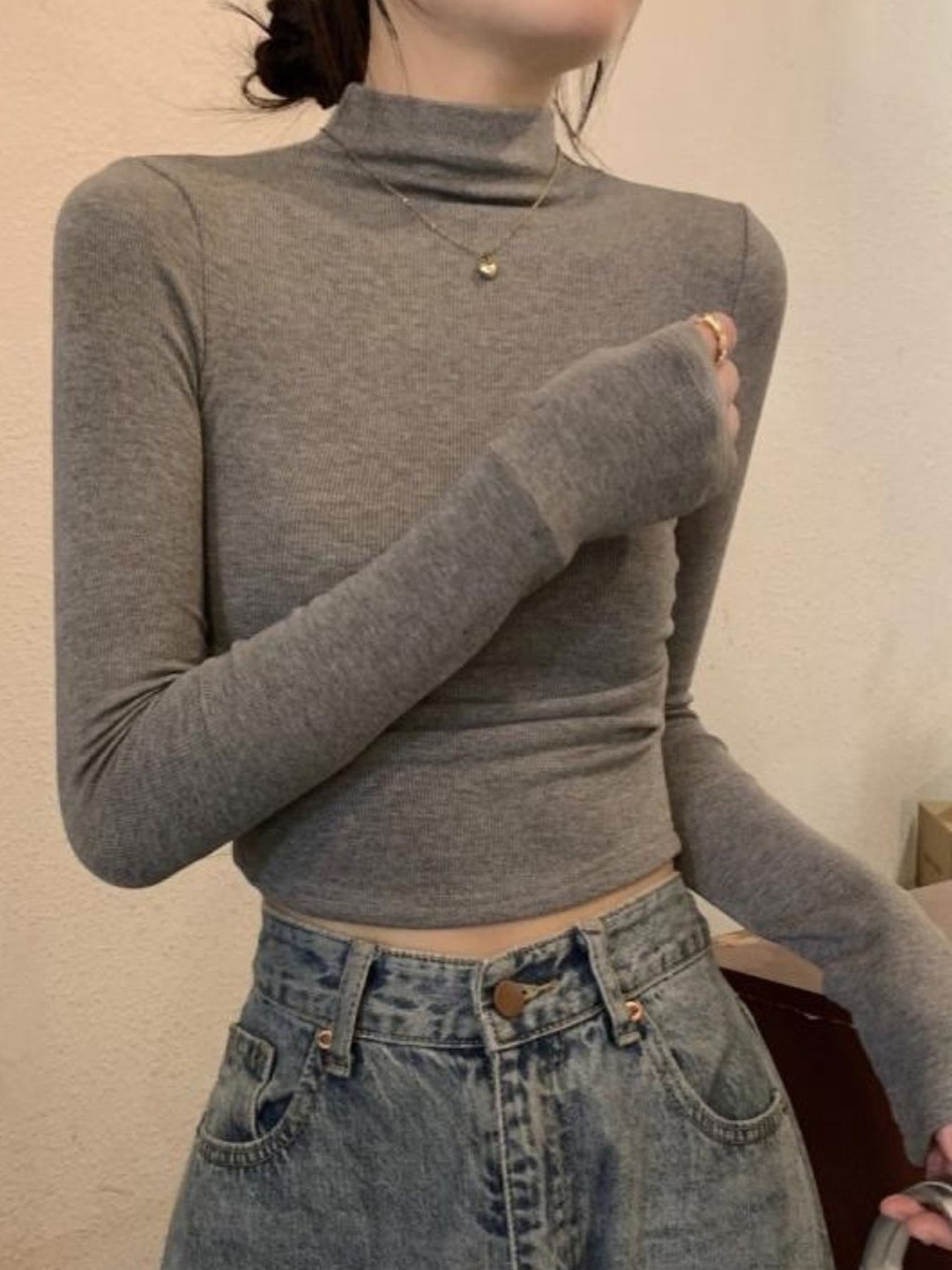 

HERE&NOW Extended Sleeves High Neck Crop Top, Grey