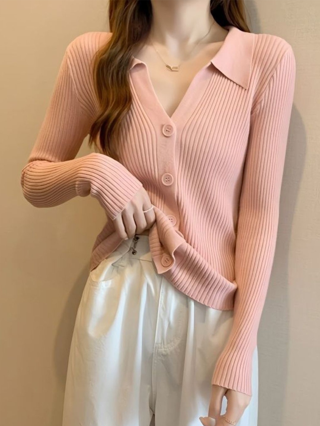 

HERE&NOW Women Striped Shirt Collar Long Sleeves Top, Pink