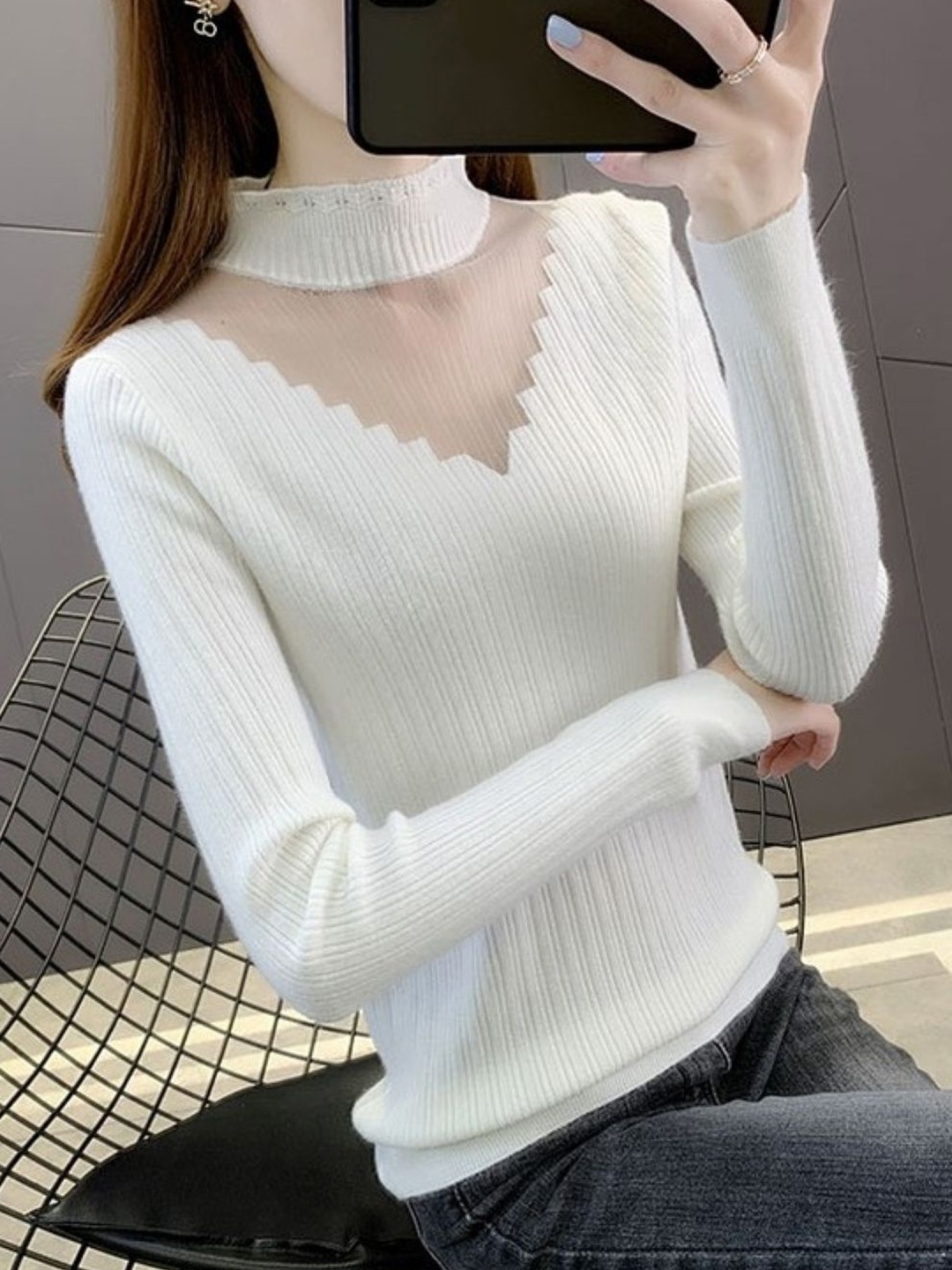 

HERE&NOW Women Mandarin Collar Long Sleeves Top, White