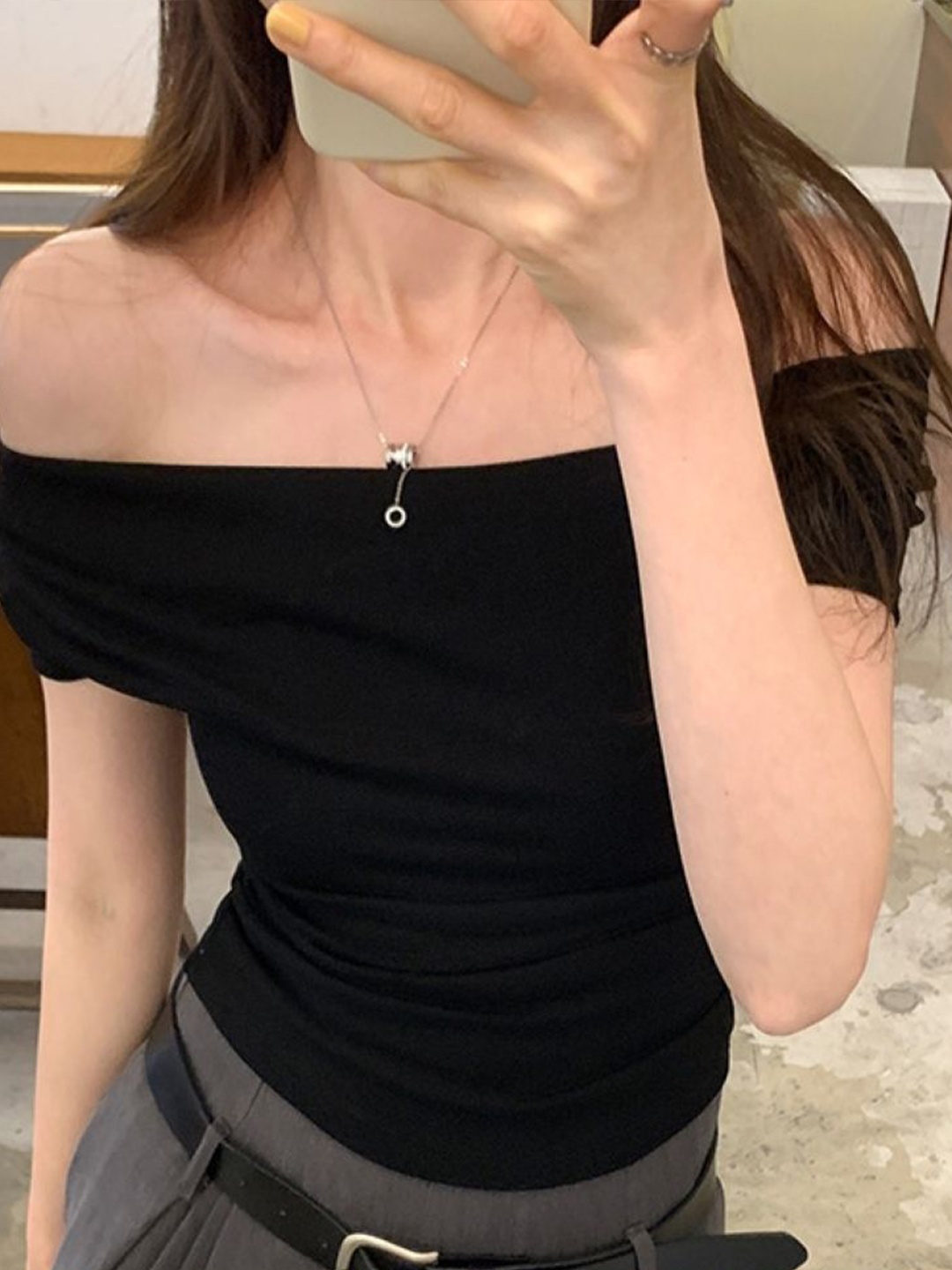 

HERE&NOW Off-Shoulder Bardot Crop Top, Black