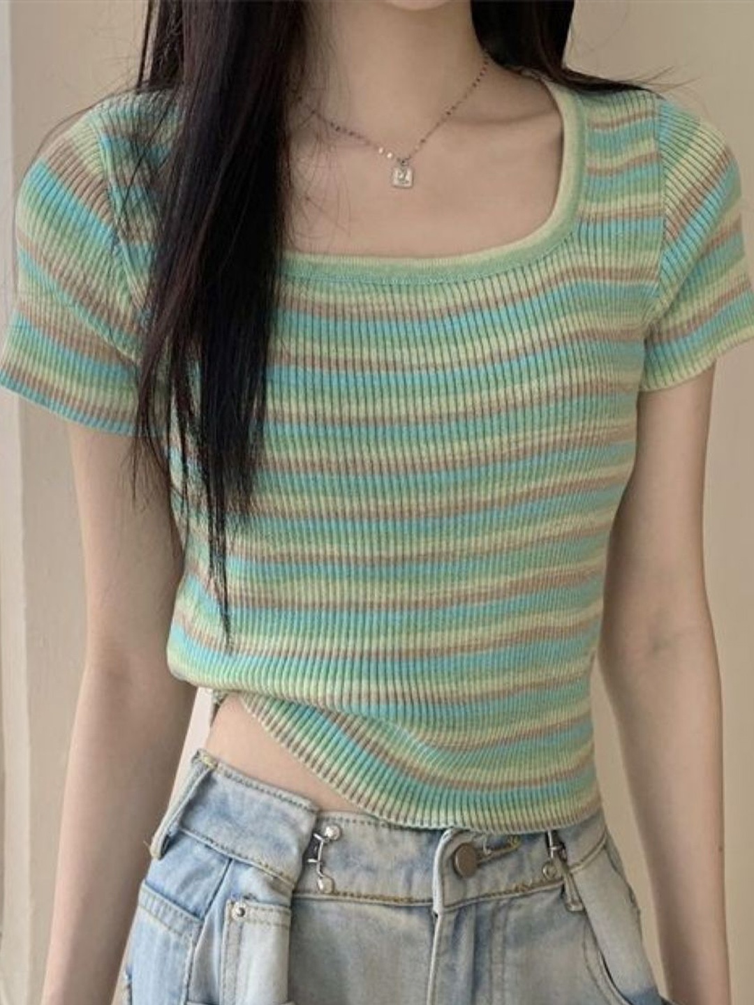 

HERE&NOW Women Horizontal Stripes Striped Regular Top, Green