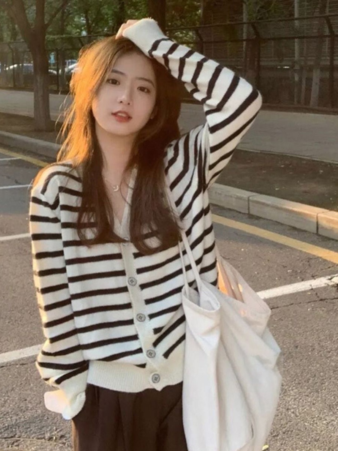 

HERE&NOW Women Striped V-Neck Extended Sleeves Top, White
