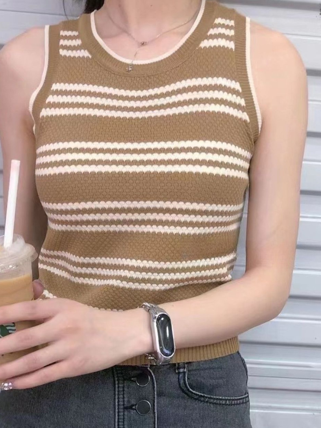 

KPOP Women Striped Round Neck Tank Top, Brown