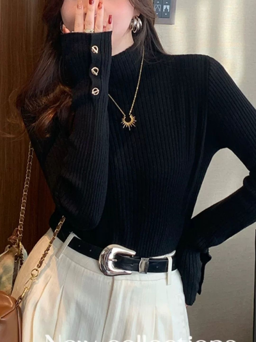 

HERE&NOW Women High Neck Extended Sleeves Top, Black