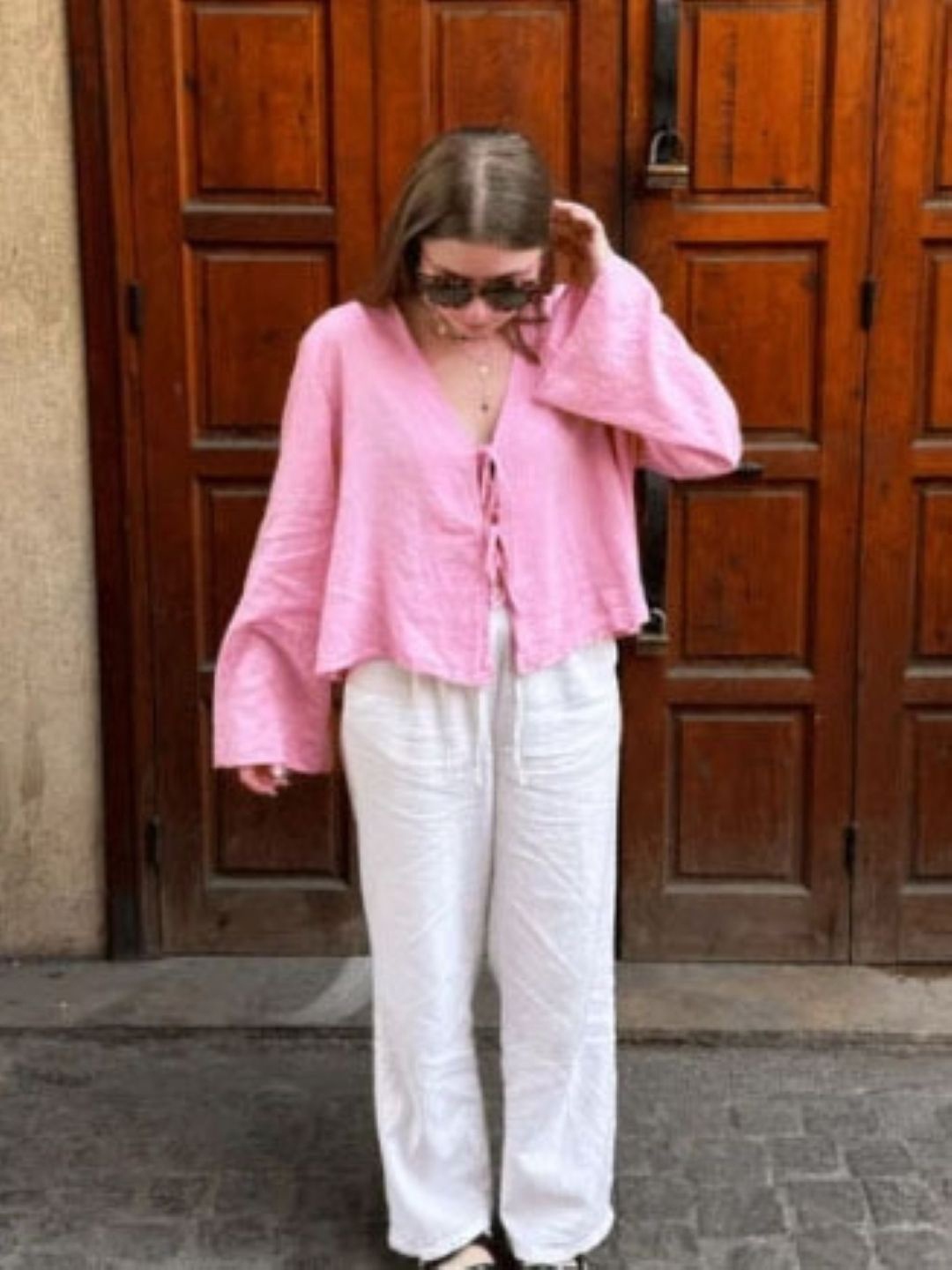 

StyleCast V-Neck Long Sleeves Solid Pure Cotton Top, Pink