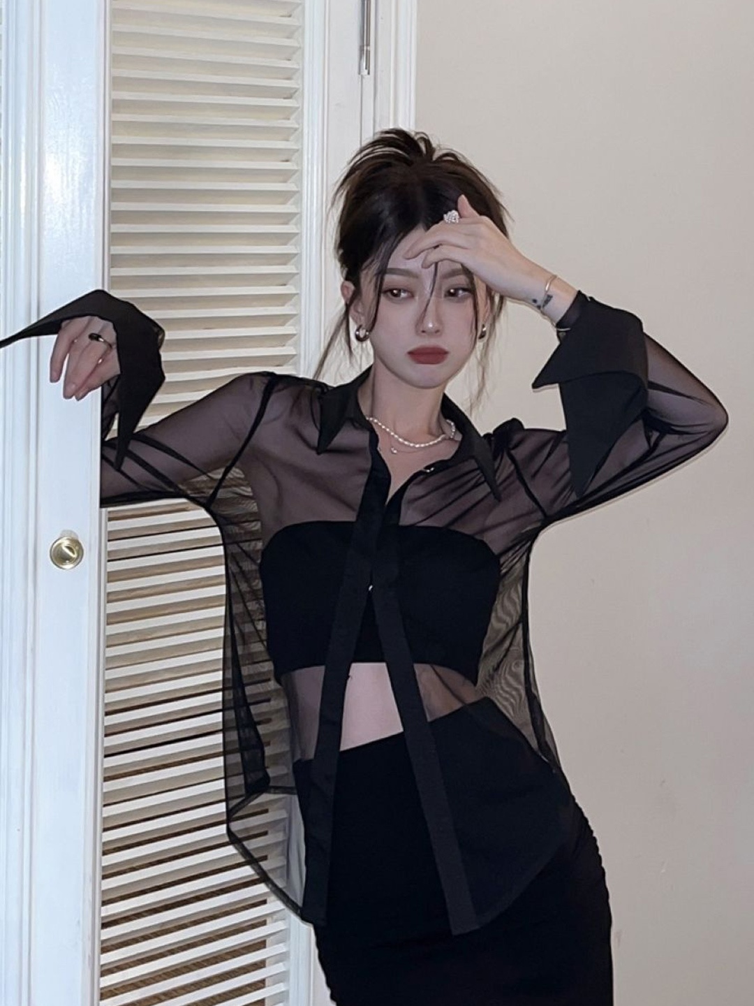 

HERE&NOW Women Shirt Collar Long Sleeves Top, Black