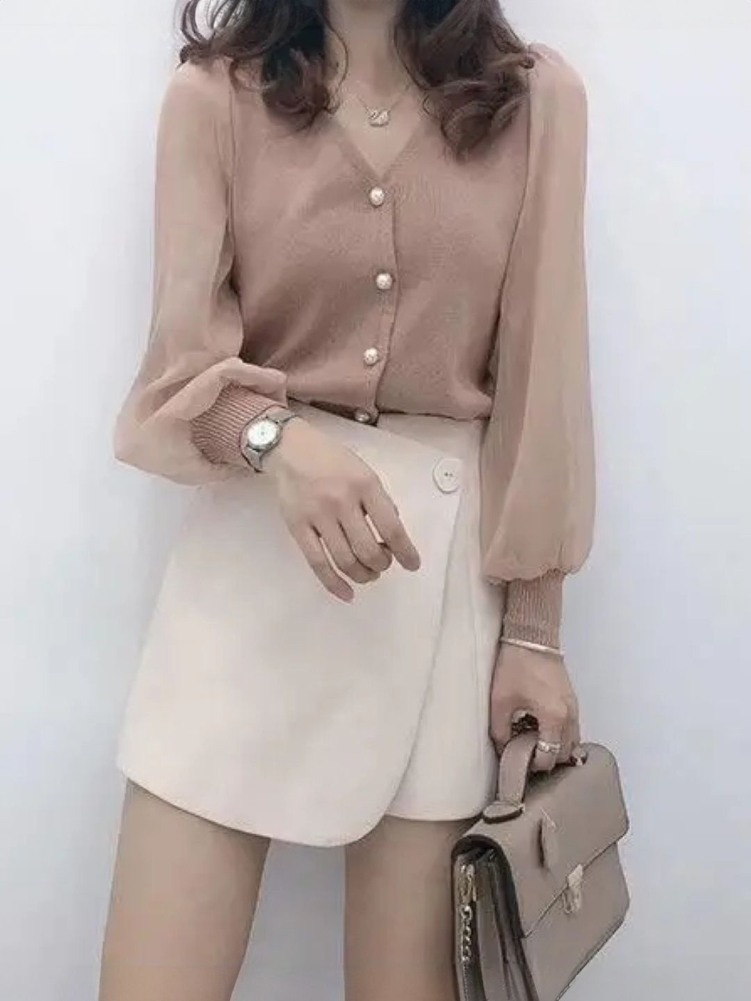 

KPOP V-Neck Long Sleeves Cuffed Sleeves Regular Sleeves Top, Brown