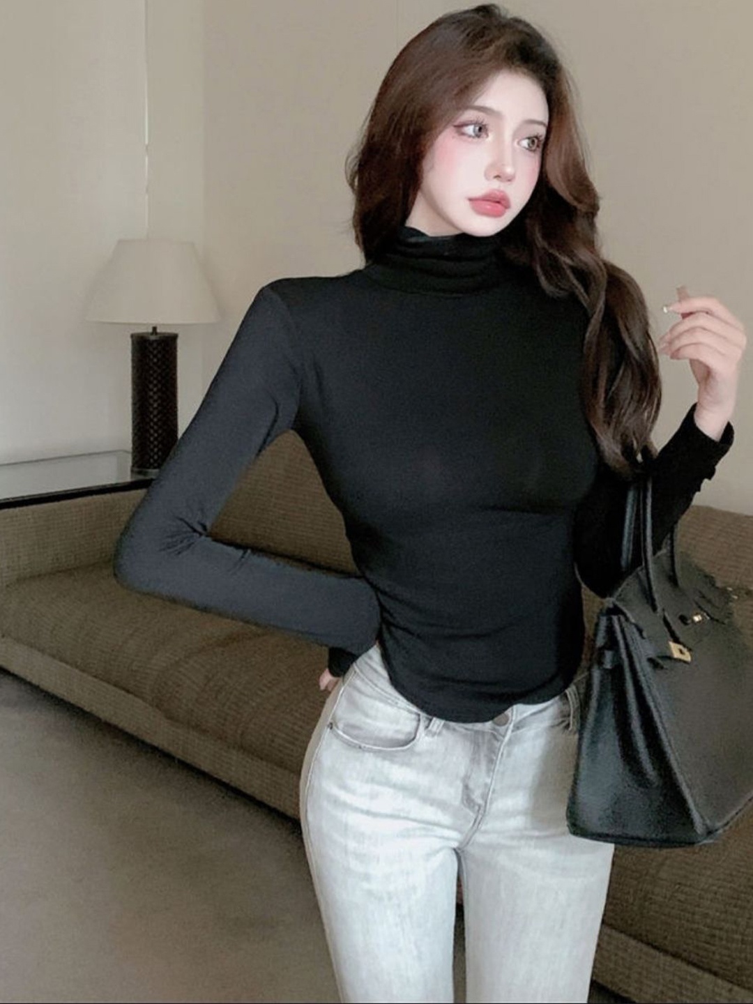 

HERE&NOW Solid High Neck Long Sleeves Top, Black