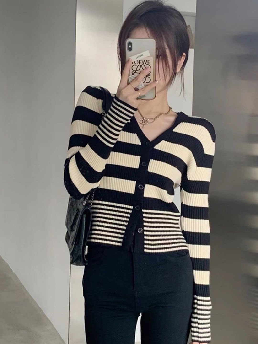 

HERE&NOW Women Striped Extended Sleeves Cotton Top, Black