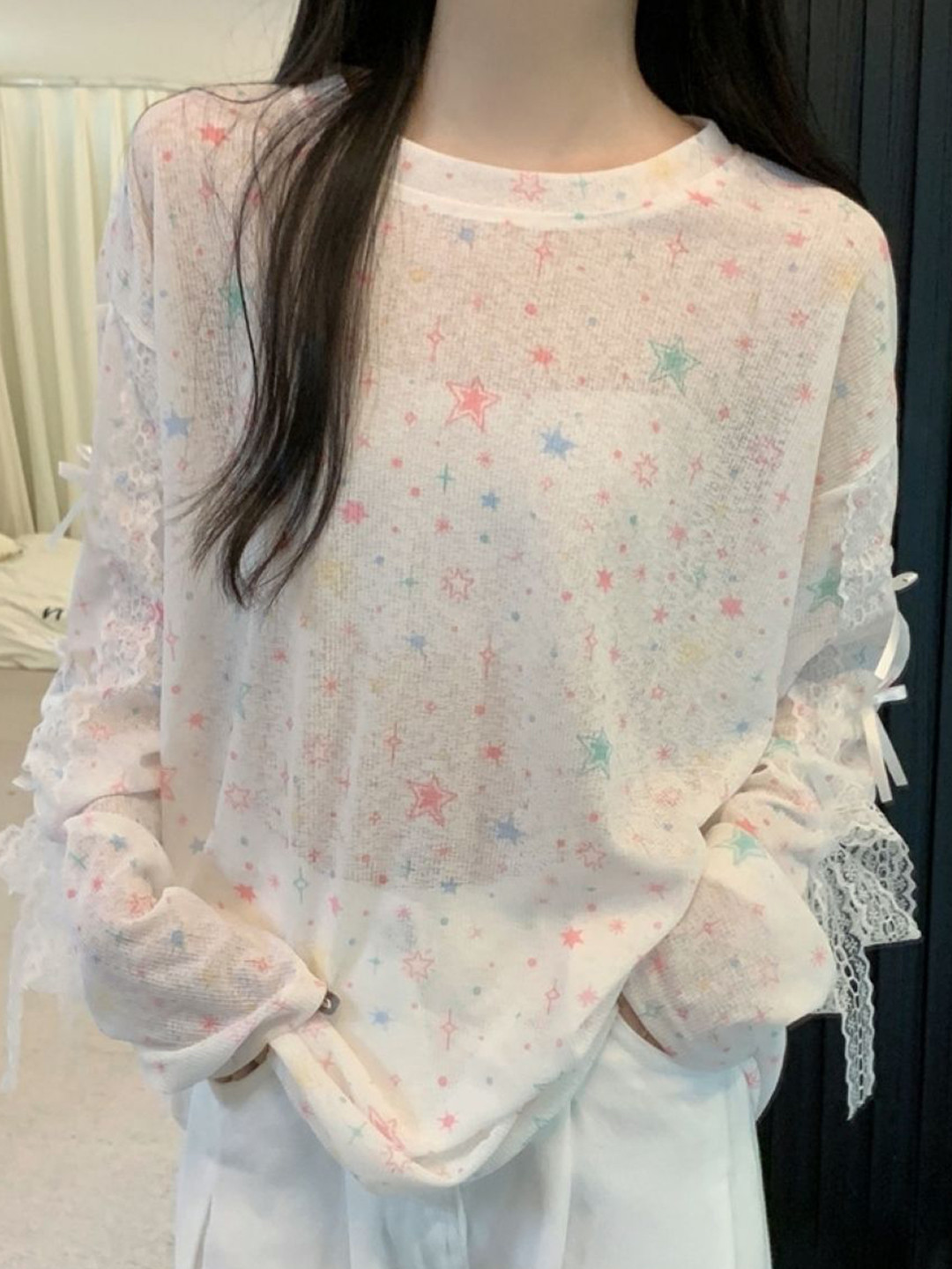 

KPOP Women Graphic Printed Extended Sleeves Top, White