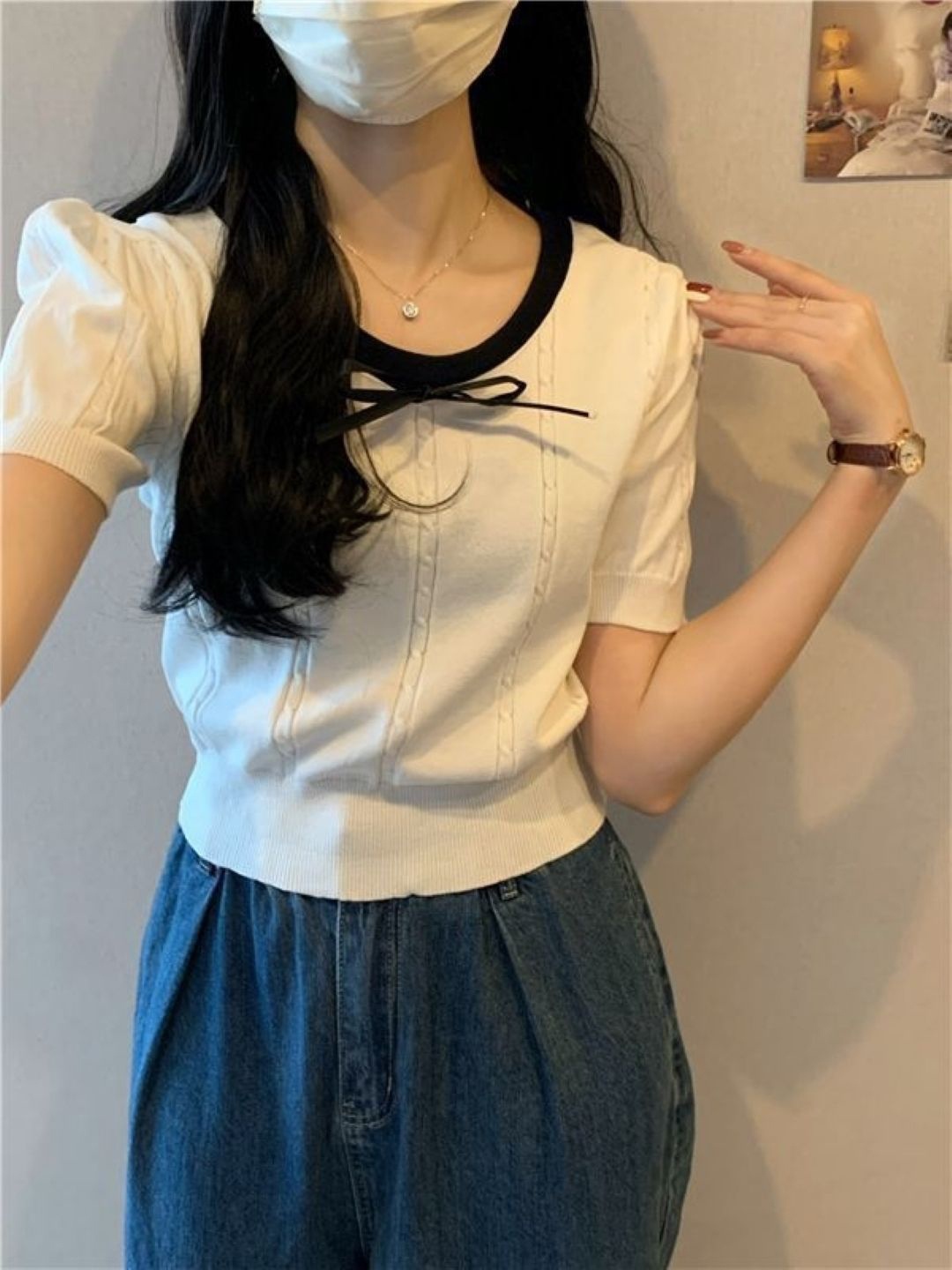 

KPOP Women Self Design Round Neck Top, White