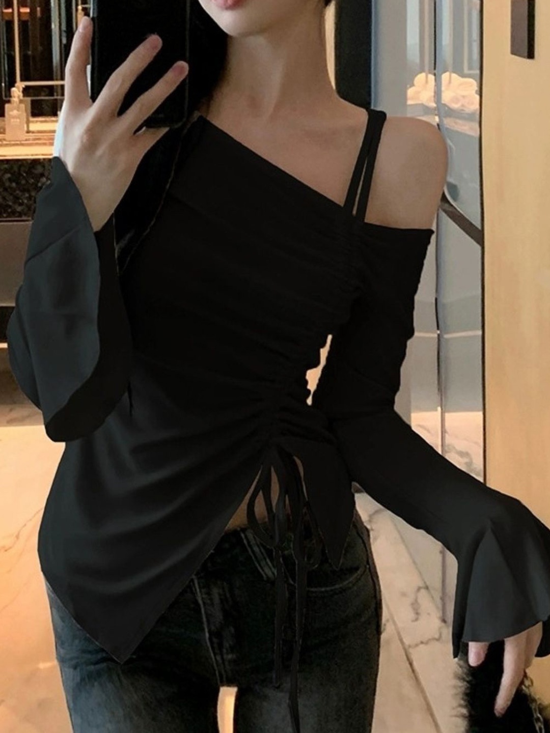 

HERE&NOW Women One Shoulder Bell Sleeve Top, Black