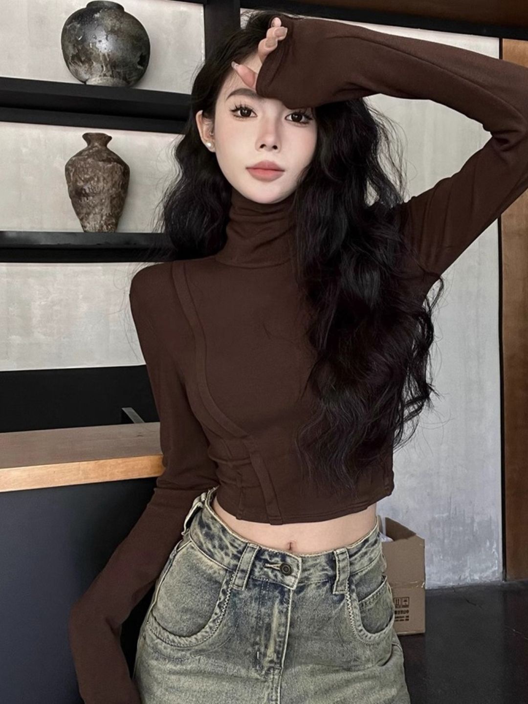 

HERE&NOW Women High Neck Crop Top, Brown