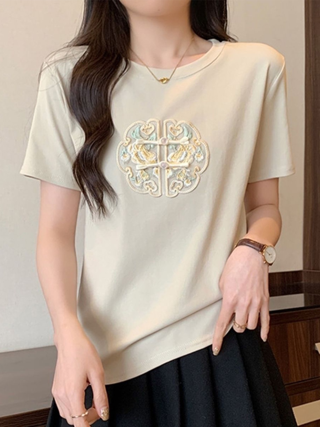 

HERE&NOW Embroidered Short Sleeves Top, Cream