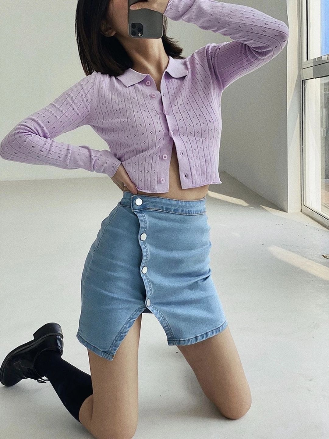 

KPOP Women Shirt Collar Long Sleeves Crop Top, Purple