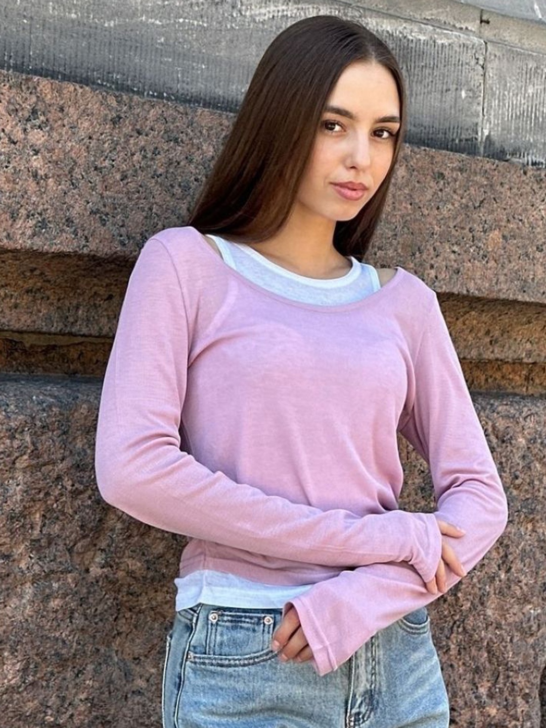 

HERE&NOW Women Boat Neck Long Sleeves Top, Pink