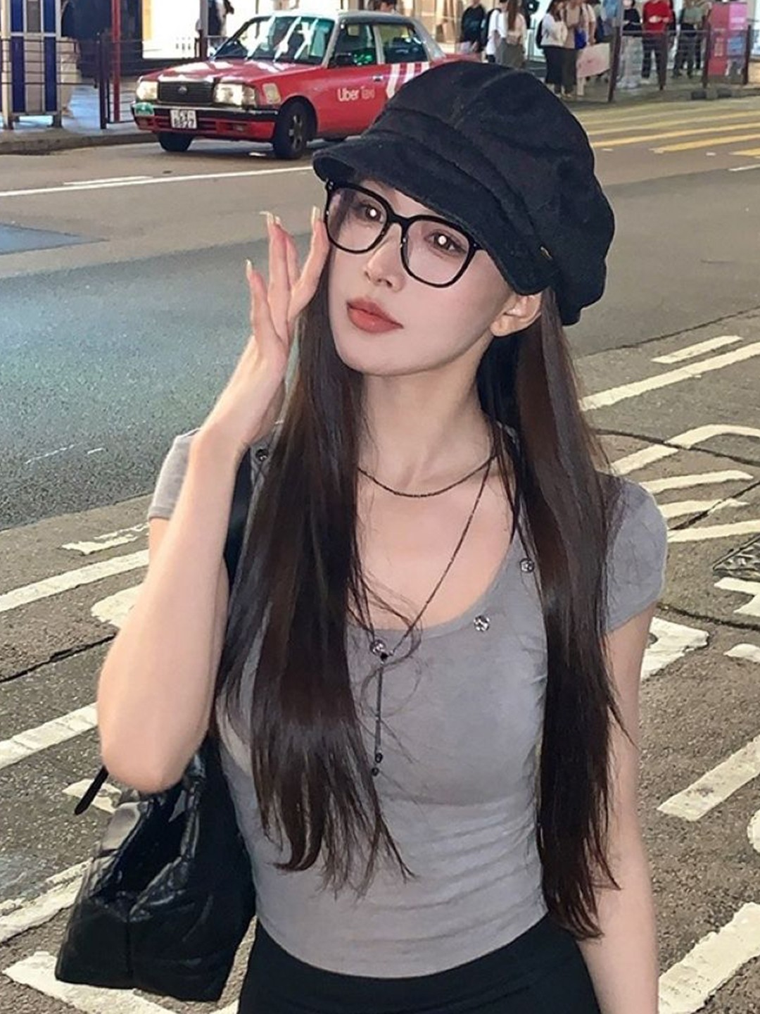 

KPOP Women Scoop Neck Short Sleeves Fitted Top, Grey