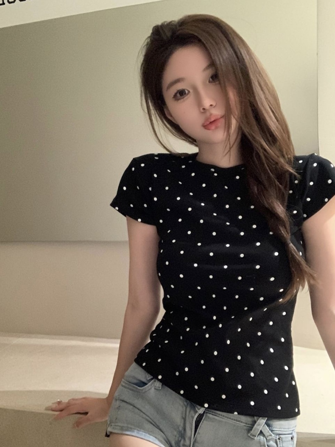 

KPOP Women Round Neck Polka Dot Print Top, Black