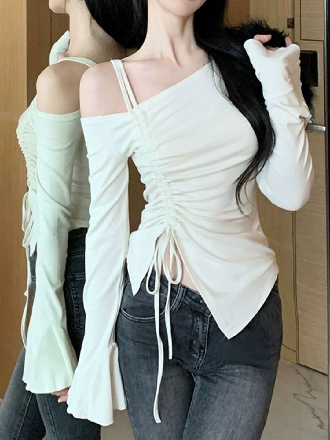 

HERE&NOW Women One Shoulder Lace-Up Top, White