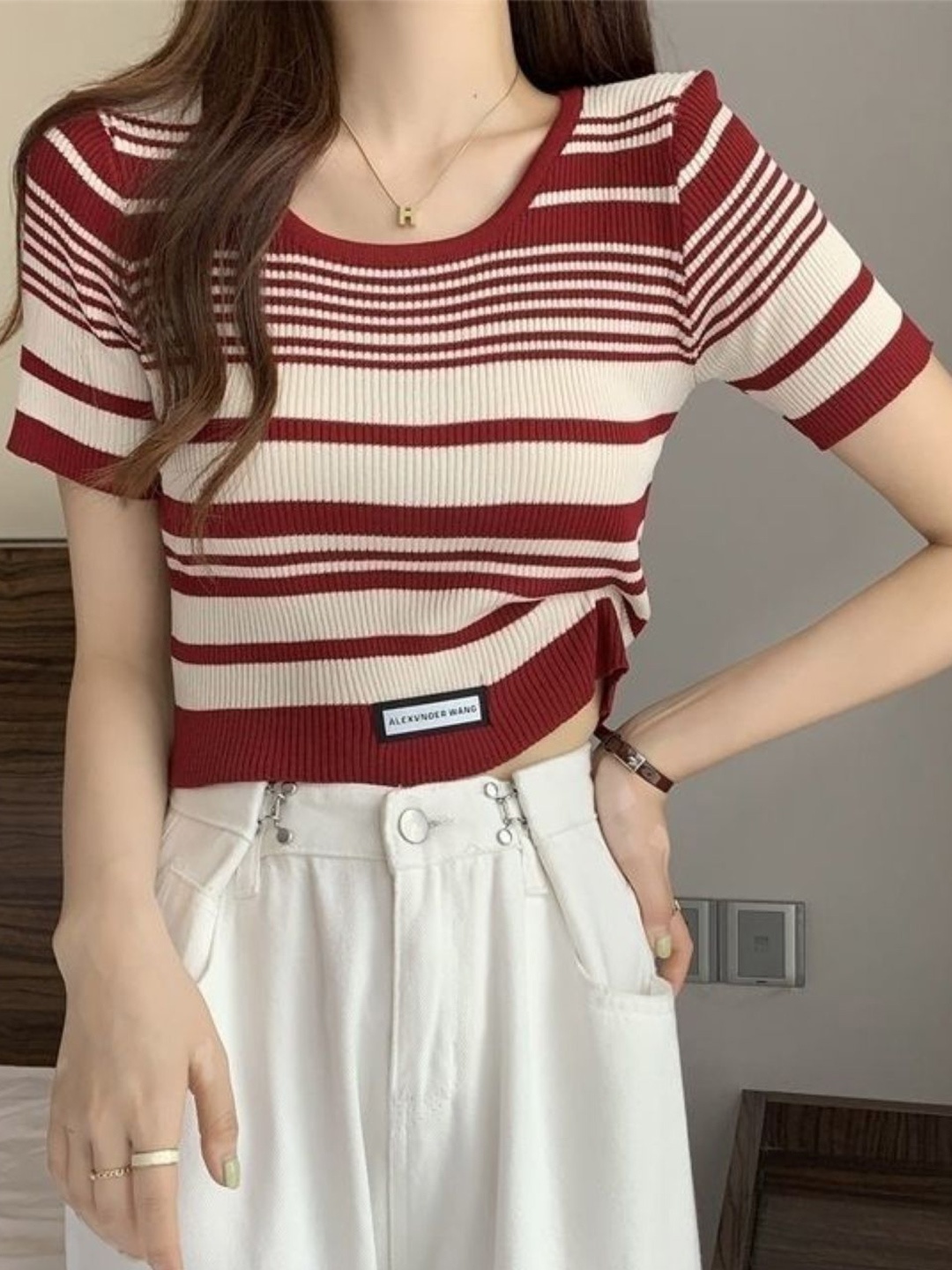 

HERE&NOW Women Round Neck Short Sleeves Horizontal Stripes Top, Red