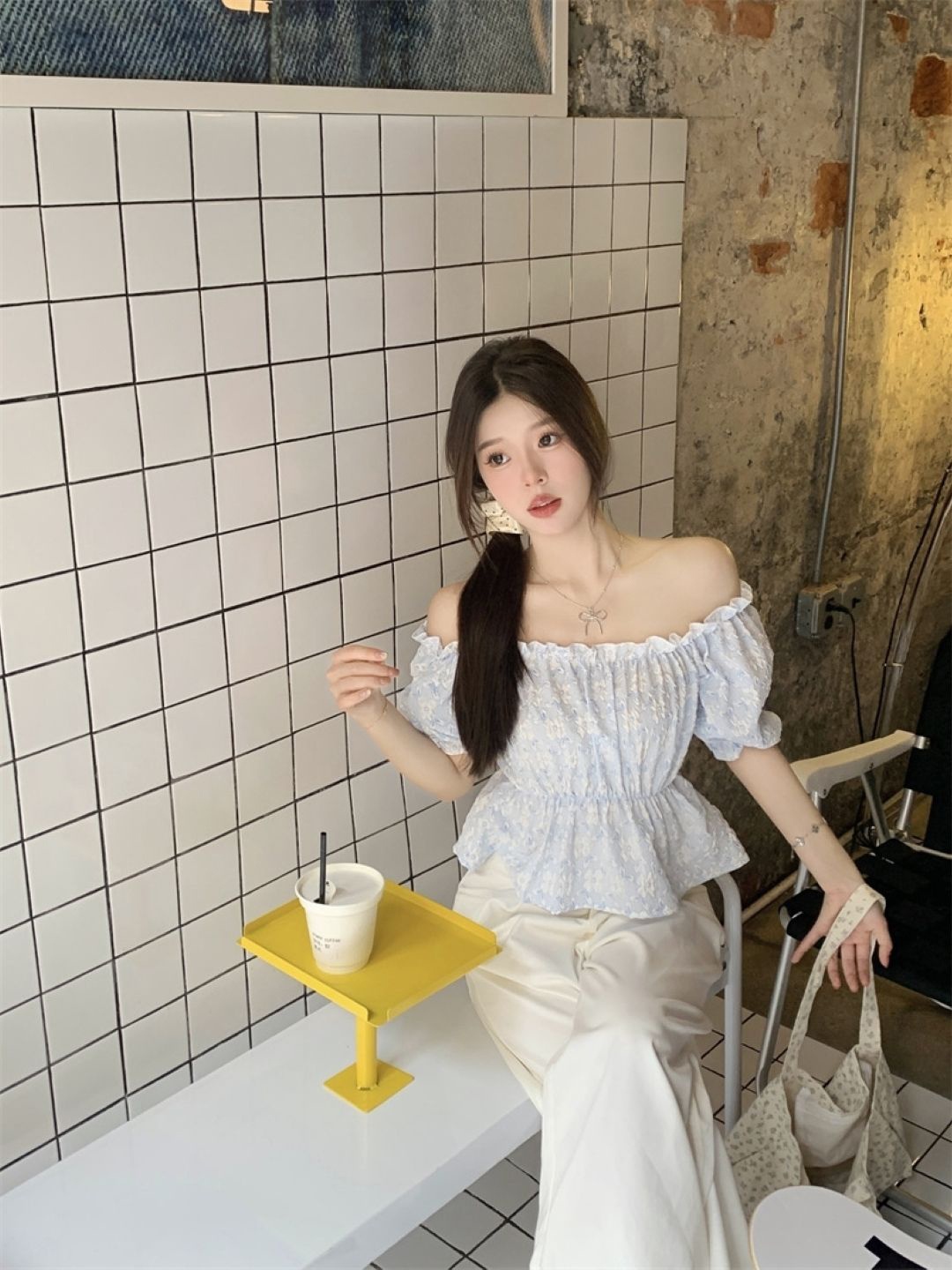 

KPOP Women Printed Off-Shoulder Peplum Top, Blue