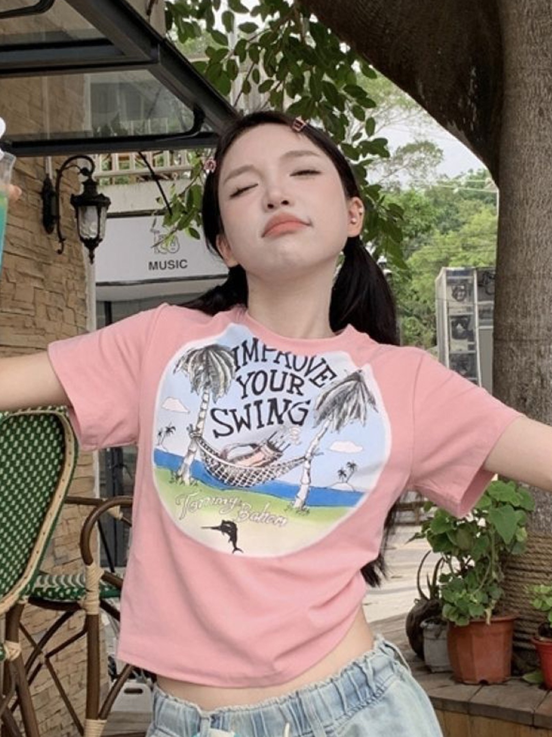 

HERE&NOW Womens Polyester Round Neck Short Sleeves Graphic Casual Top, Pink