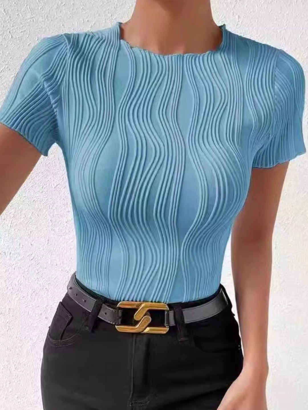 

KPOP Women Vertical Stripes Striped Regular Top, Blue