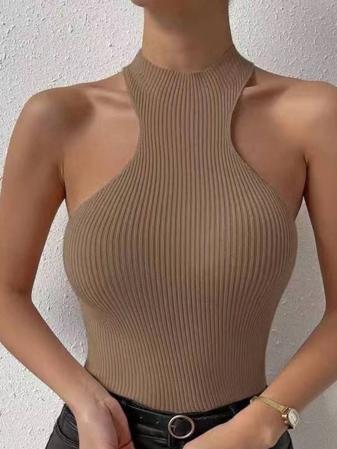 

KPOP Women Round Neck Striped Top, Brown