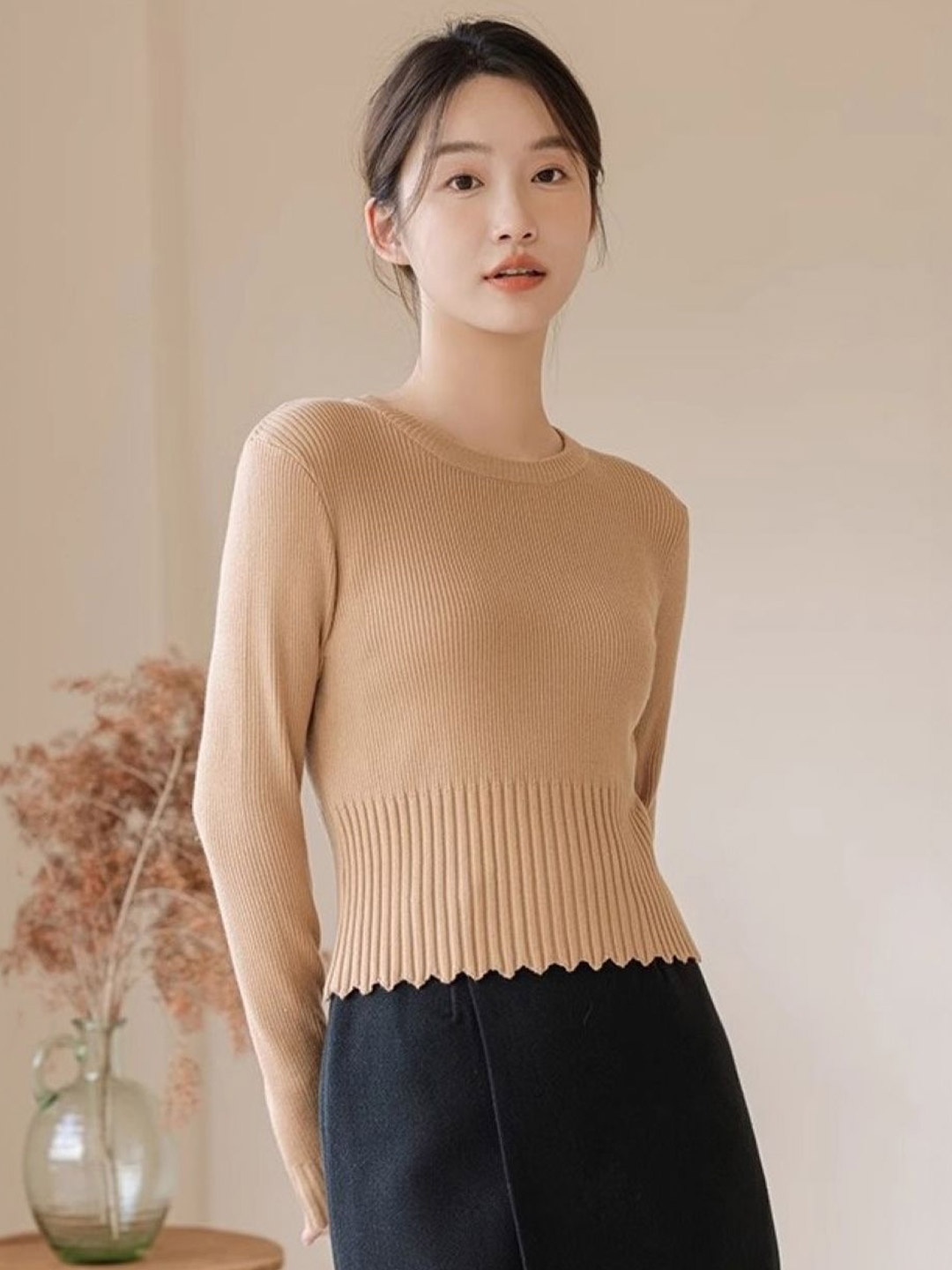 

HERE&NOW Women Round Neck Extended Sleeves Top, Khaki