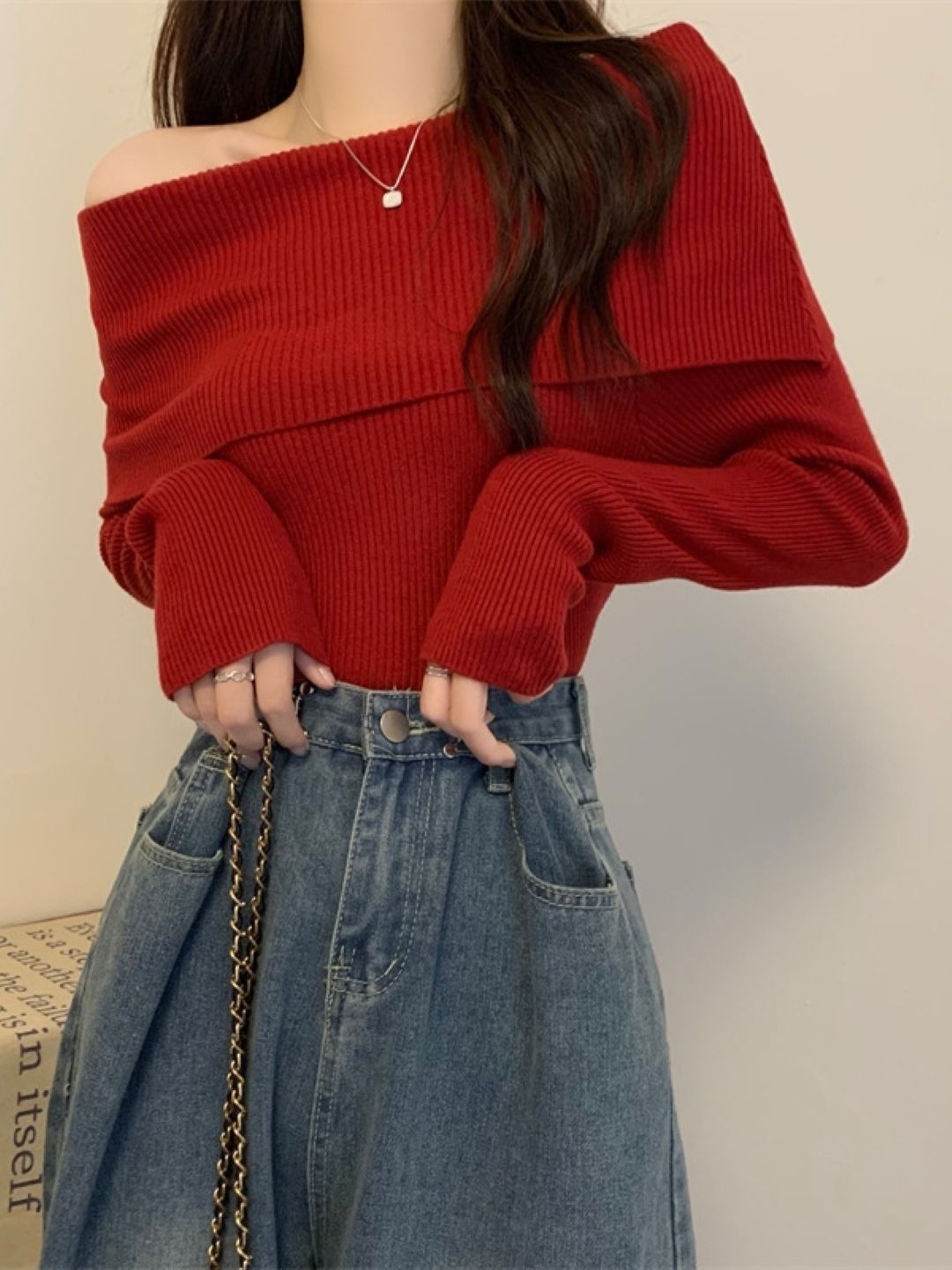 

HERE&NOW Women Off-Shoulder Extended Sleeves Cotton Top, Red