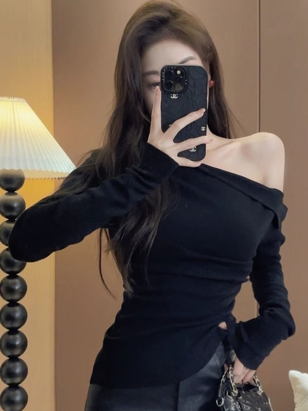 

HERE&NOW Women One Shoulder Extended Sleeves Top, Black