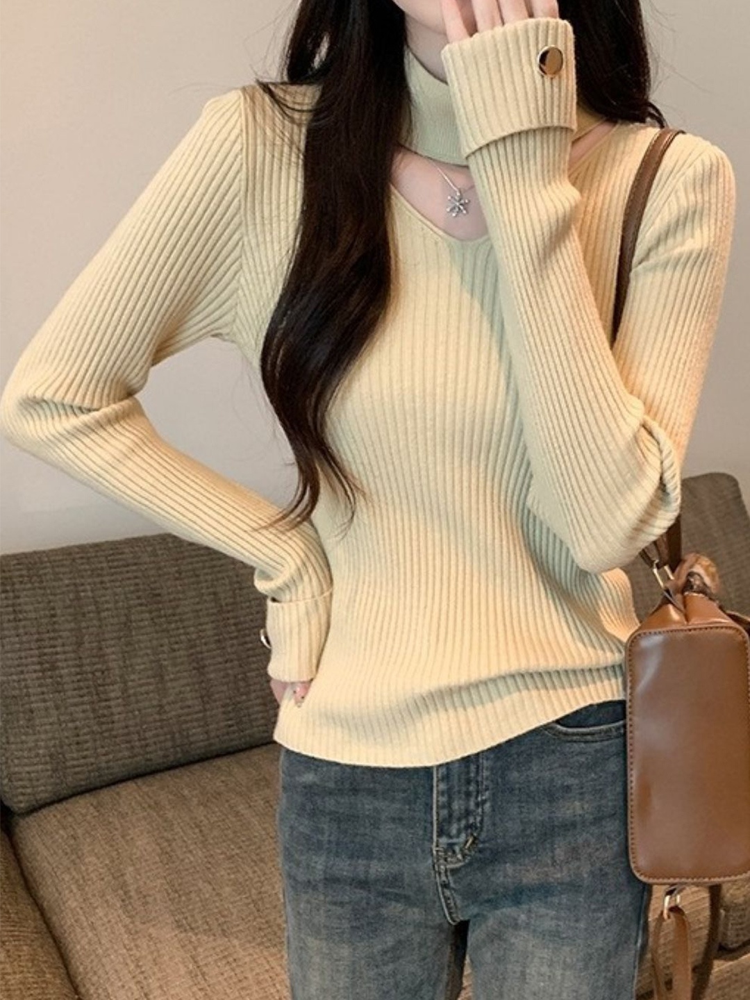 

HERE&NOW Women High Neck Extended Sleeves Top, Beige