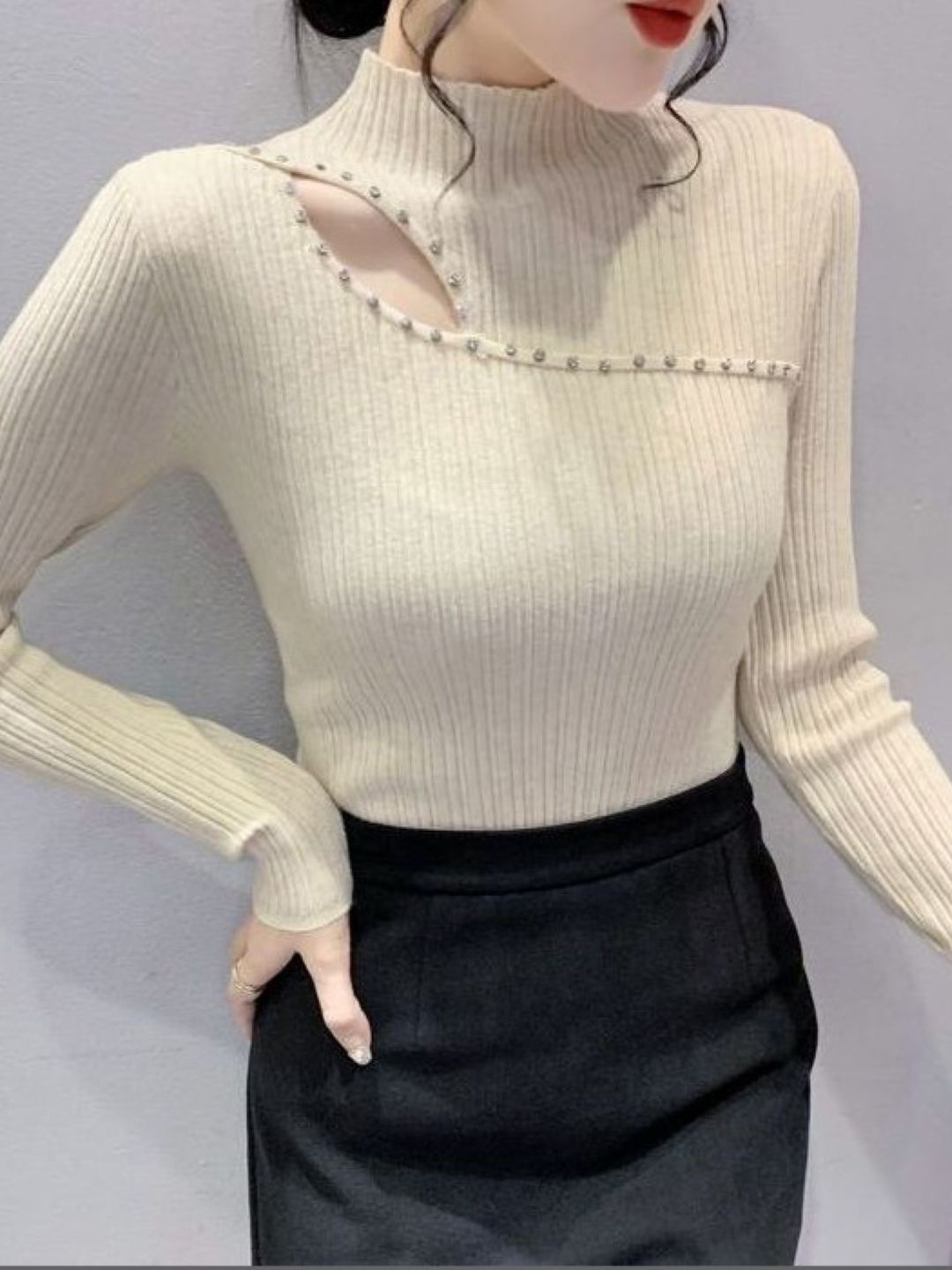 

HERE&NOW Women Mandarin Collar Long Sleeves Top, Cream