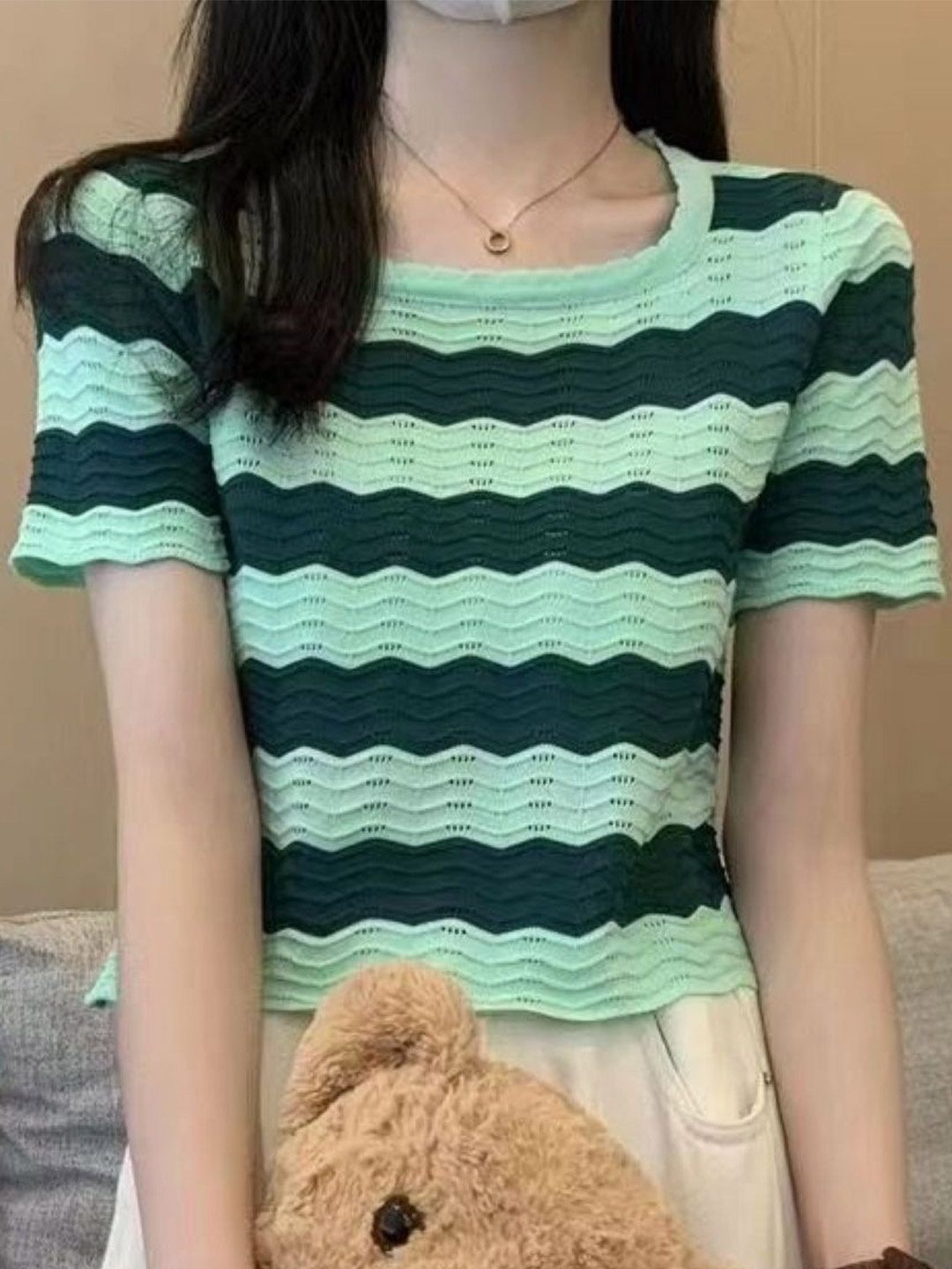 

HERE&NOW Women Horizontal Stripes Striped Regular Top, Green